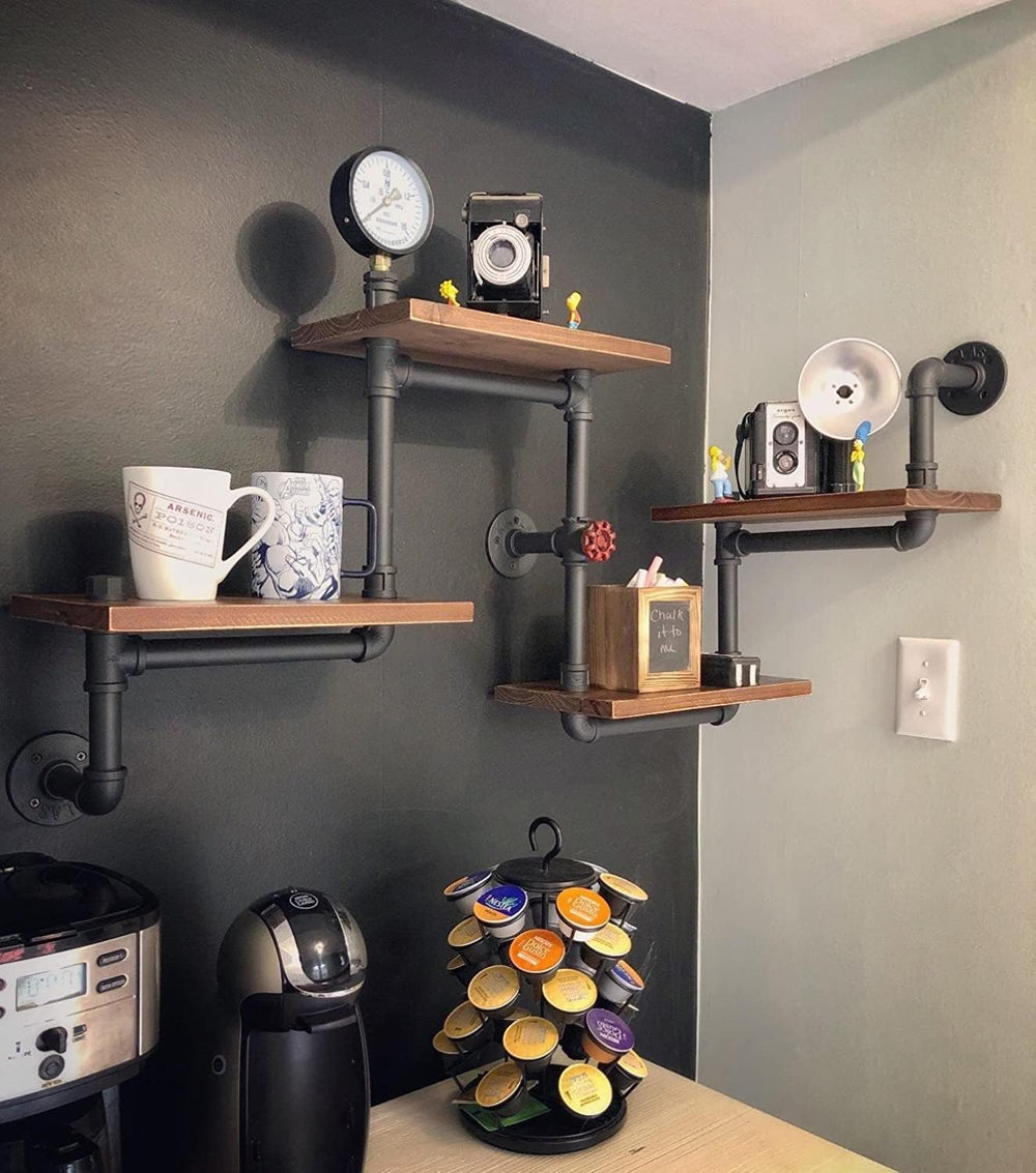Industrial Rustic Modern Wood Ladder Pipe Wall Shelf 4 Layer Pipe Design Book...