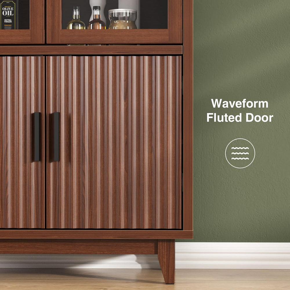 Arched Cabinet with Glass Doors, Fluted Pantry Cabinet with Solid Wood Legs