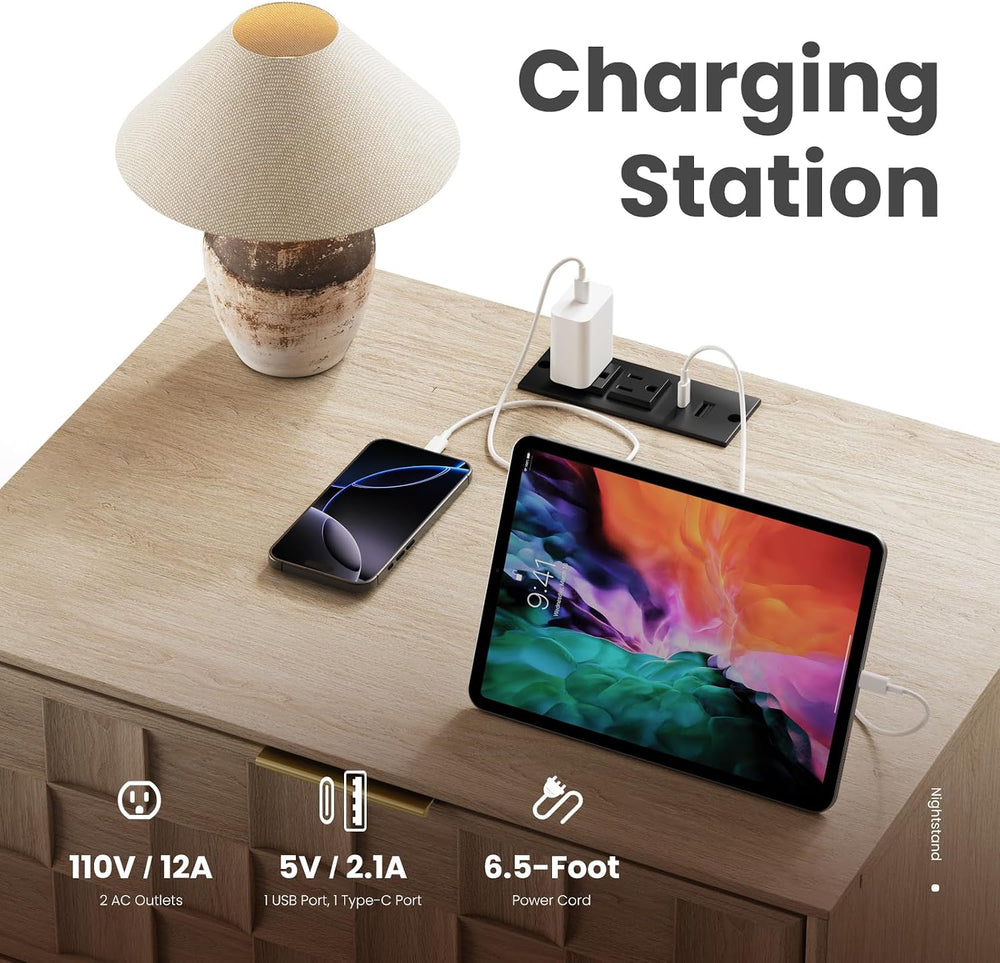 COLAMY Night Stand Bedside Table with Charging Station Set of 2, Modern Woode...