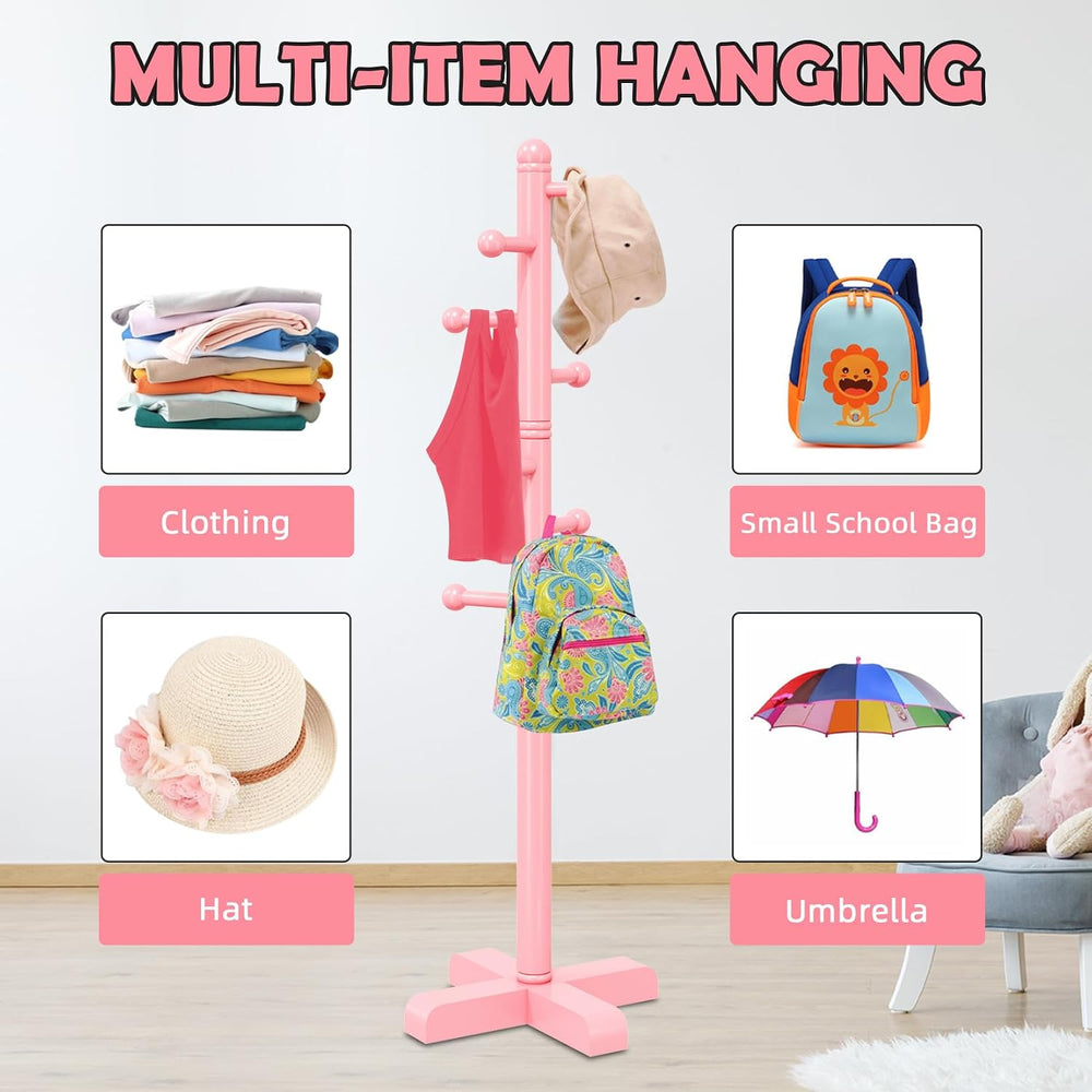 8-Hook Freestanding Wooden Coat Rack 2 Adjustable Heights Pink