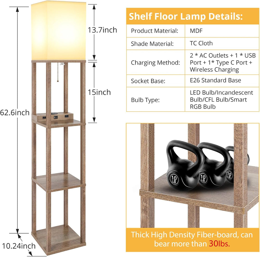 Mlambert Shelf Floor Lamp with Wireless Charger, USB, Type C, AC Port, Wood