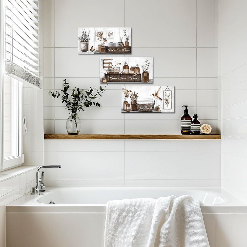 RnnJoile Farmhouse Bathroom Wall Art Set Brown Bathroom Pictures Wall Decor F...