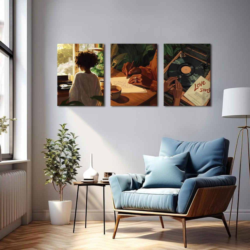 Black Girl Canvas Wall Art Set of 3 Trendy African American Women Music Poste...