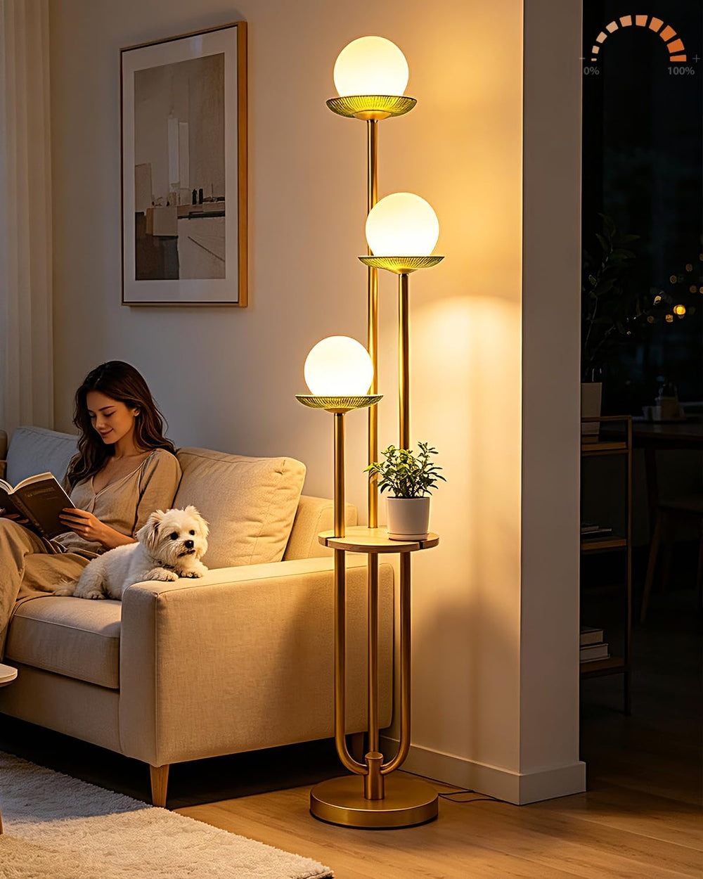 3-Globe Gold Floor Lamp Dimmable with Green Glass Tray Tall Lamp