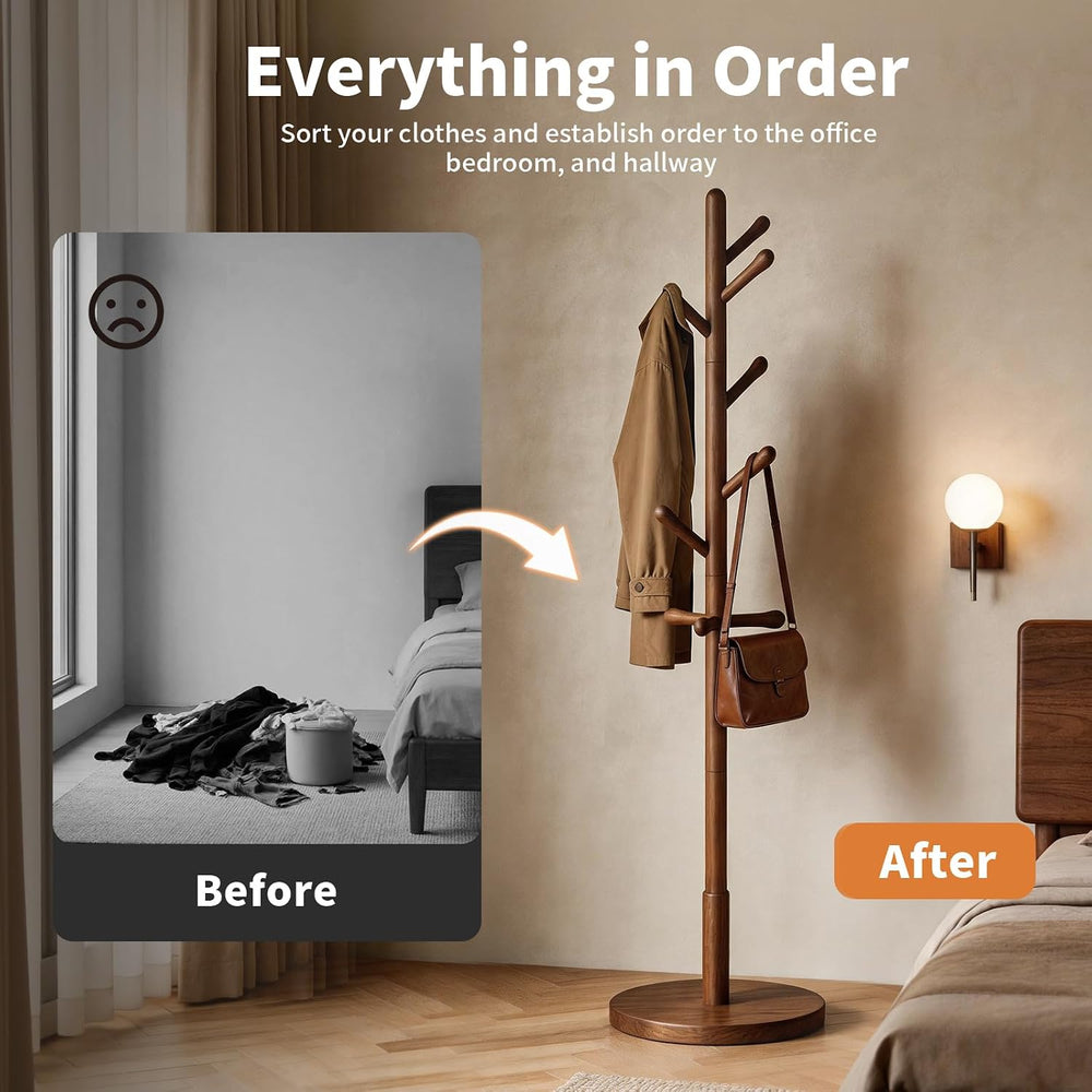 Solid Wood Coat Rack Freestanding with 9 Hooks - Wooden Coat Rack Stand for E...