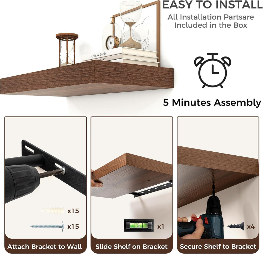 72 Inch Floating Shelves for Wall, 12"D Wood Storage Shelves, Walnut Finish