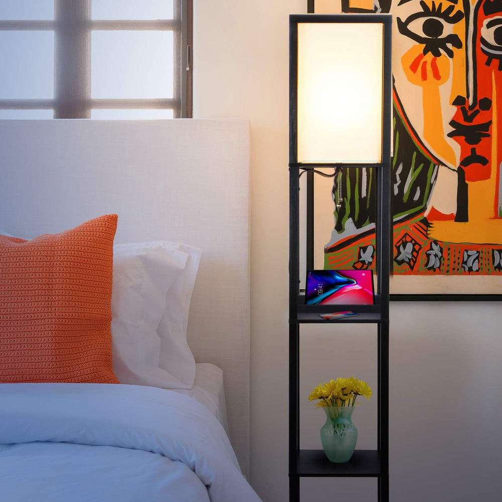 Brightech Maxwell – Modern Shelf Floor Lamp with USB Ports, Wireless Charging...