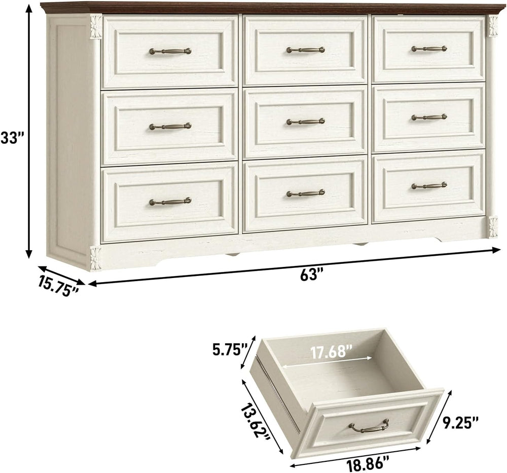 Farmhouse Wood 9 Drawer Dresser for Bedroom,Embossed Roman Column Wood Rustic...