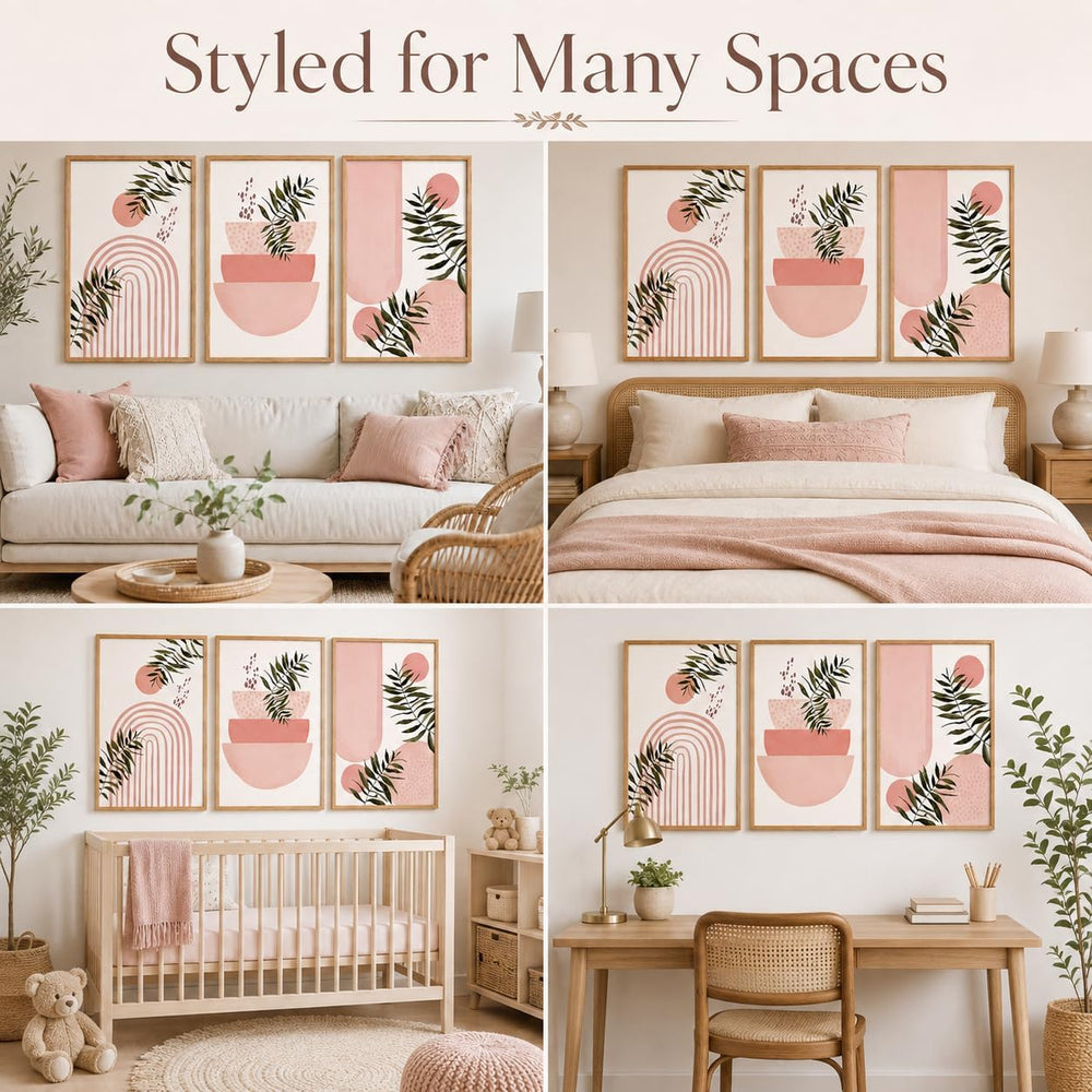 Framed 3pcs Boho Pink Geometric Leaf Canvas Wall Art 12x16 Inch