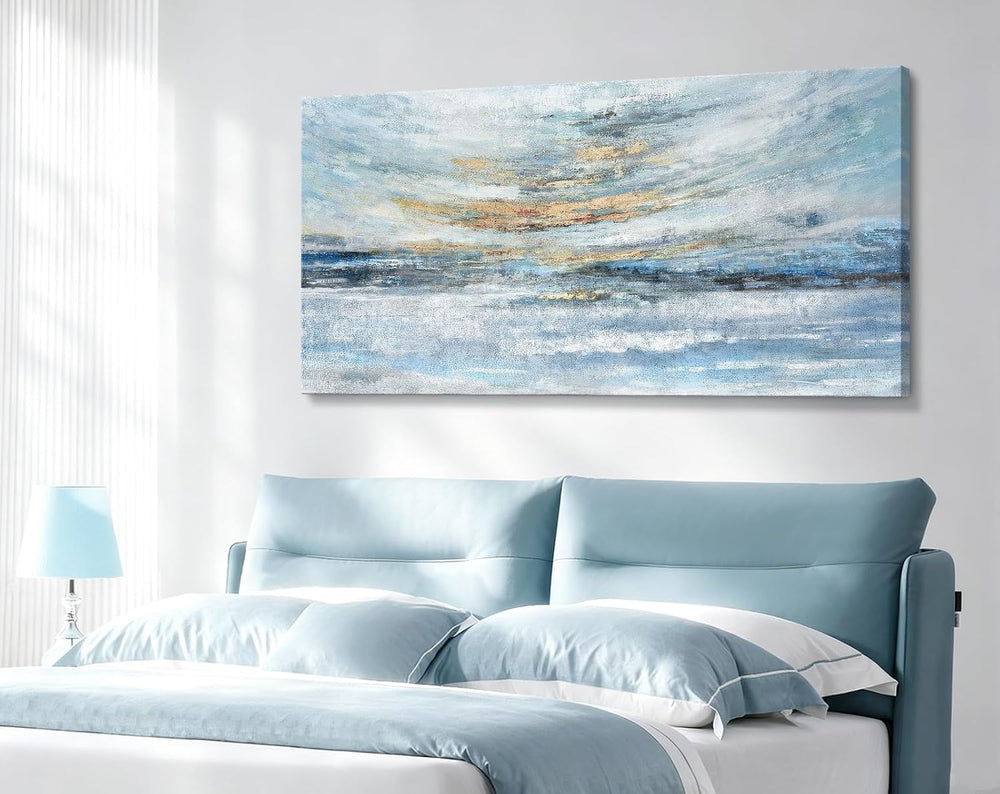 Nicetop Large Ocean Canvas Wall Art 48x24 Abstract Coastal Blue Gold
