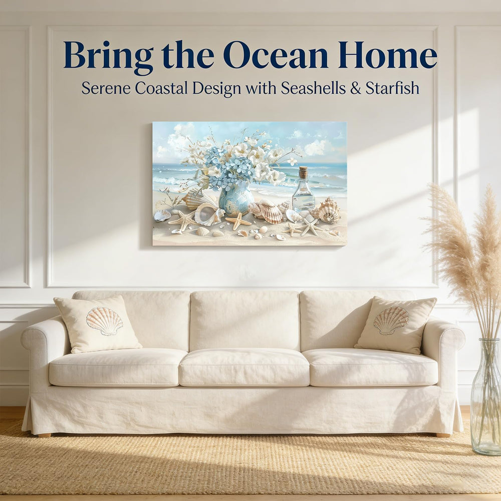 Blue Ocean Beach Bathroom Canvas Wall Art Seaside Seashell Painting Picture W...