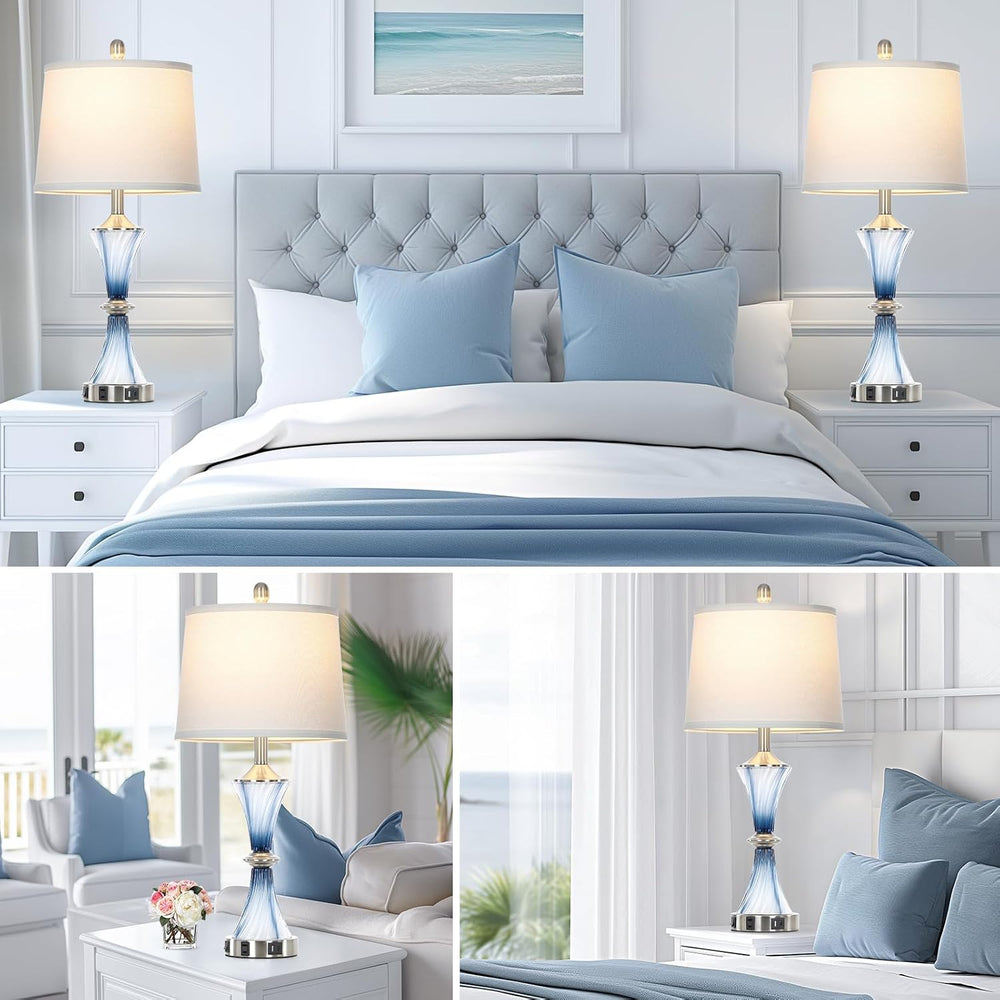 Rinweey Blue Glass Table Lamp Set of 2 with USB C+A Ports & AC Outlet, Be...
