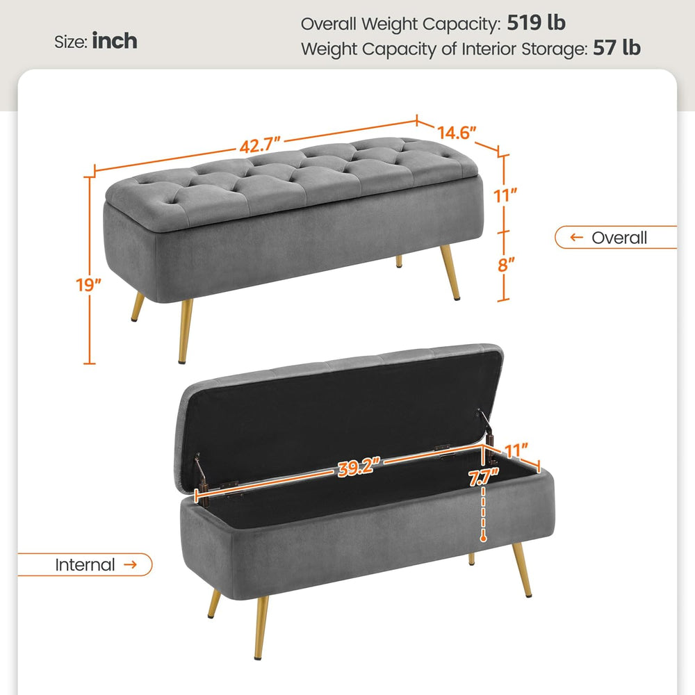 Yaheetech Storage Ottoman Bench for Bedroom, Velvet End of Bed Bench, Gray