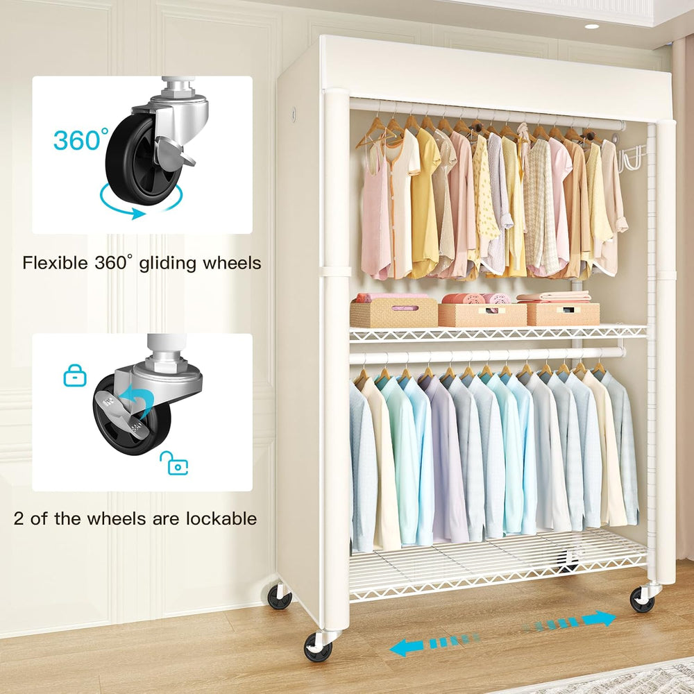 FUTASSI White Clothing Rack with Beige Cover, P1C Plus Rolling Closet