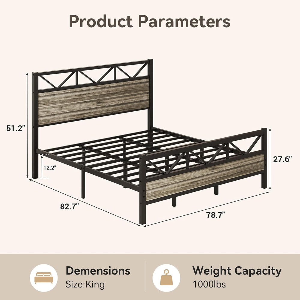 IMMERSTABLE King Size Bed Frame with 51.2'' Tall Headboard, Wash Grey