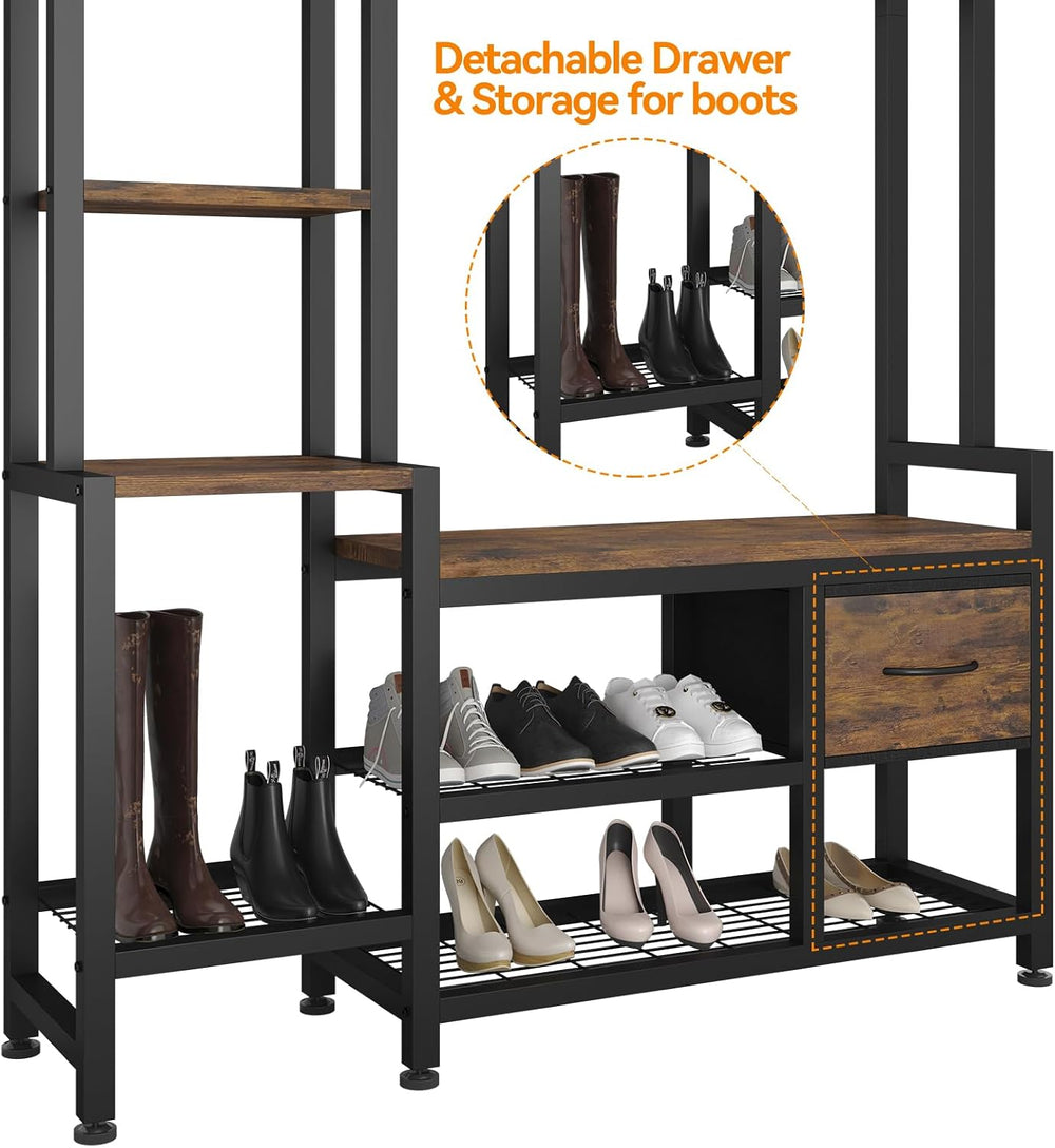 Hall Tree for Entryway 43", Bench with Shoe Storage, Large Coat Rack Sho...