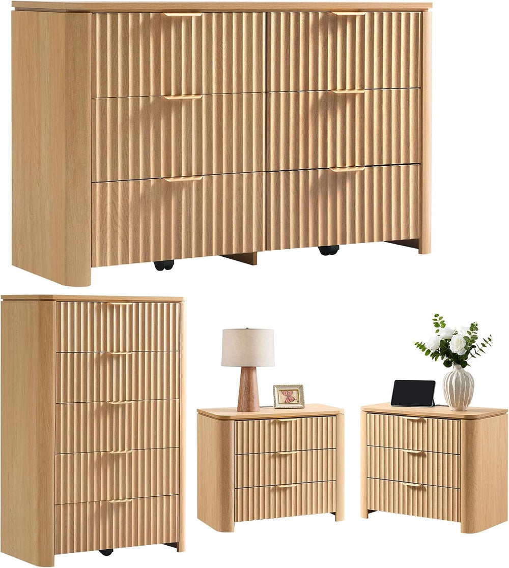 Fluted 6 Drawers Dresser for Bedroom-47.3" Wide Wooden Chest of Drawers ...