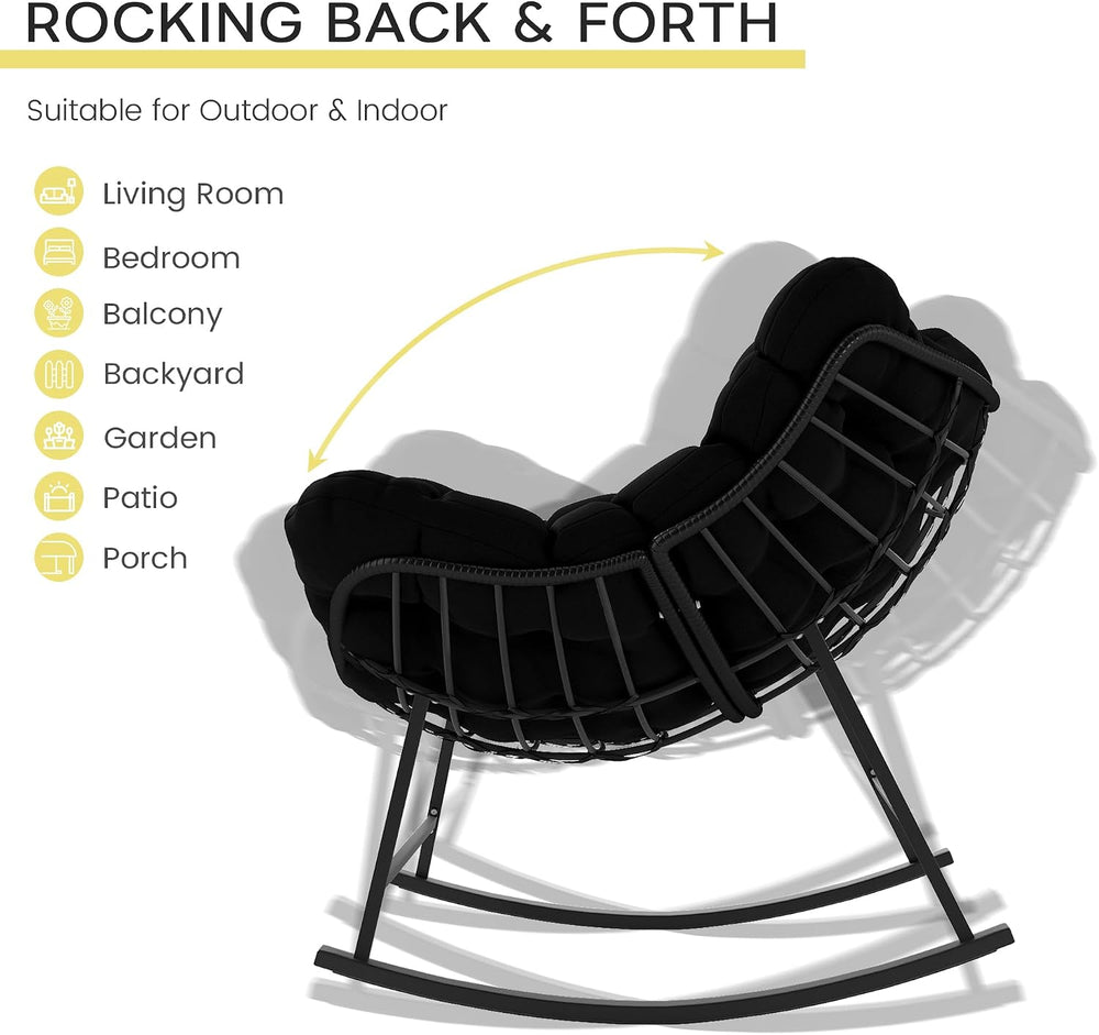 Kromax Oversized Outdoor Papasan Rocking Chair Set of 2, Black