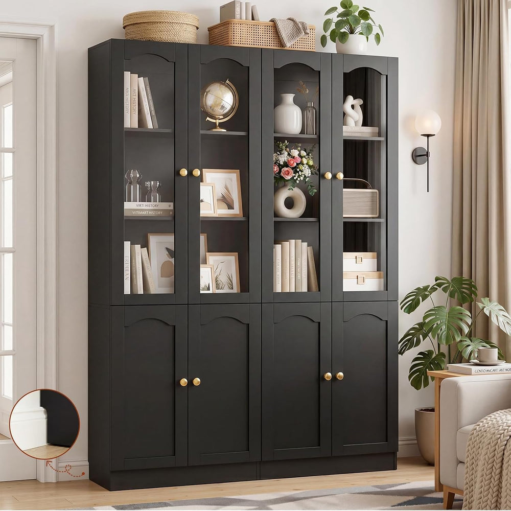 Cyclysio 80" Tall Bookcase with Arched Glass Doors, Adjustable Shelf, Black