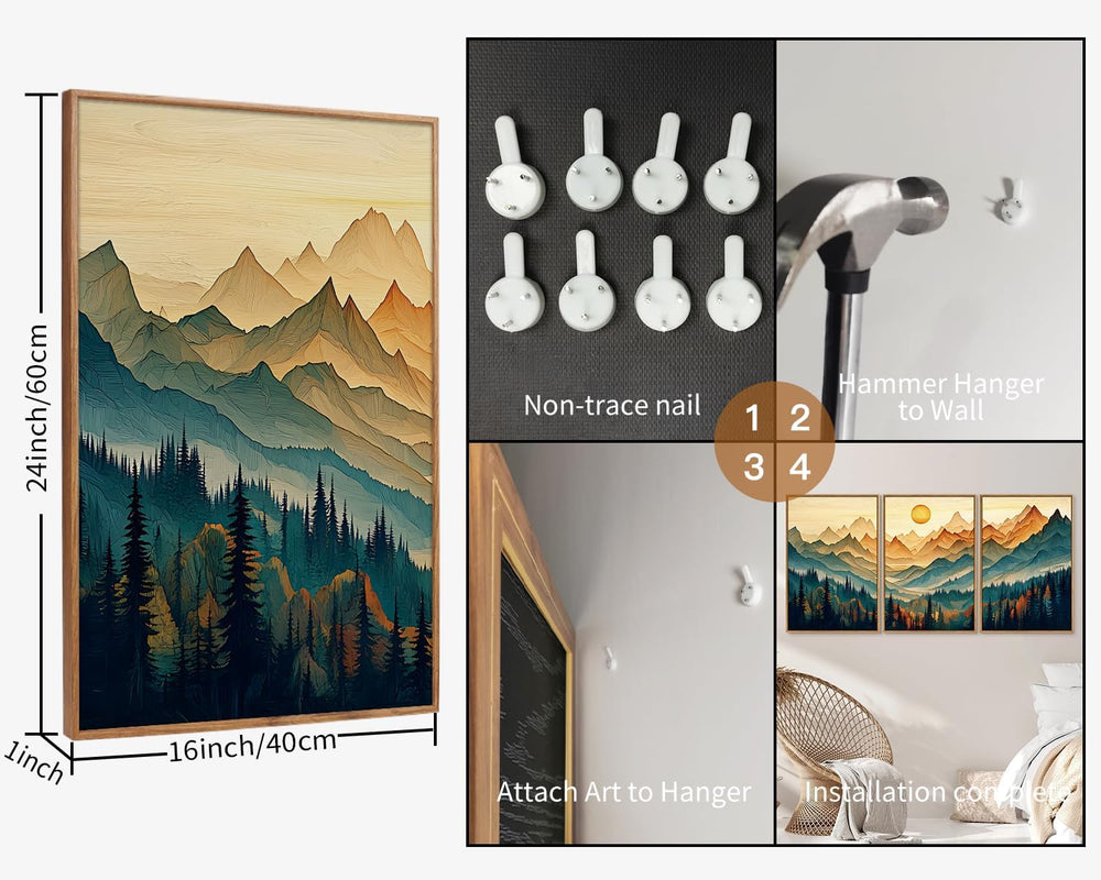 Tinonedraw Large Mountain Framed Canvas Wall Art Set of 3, Boho Nature Forest...