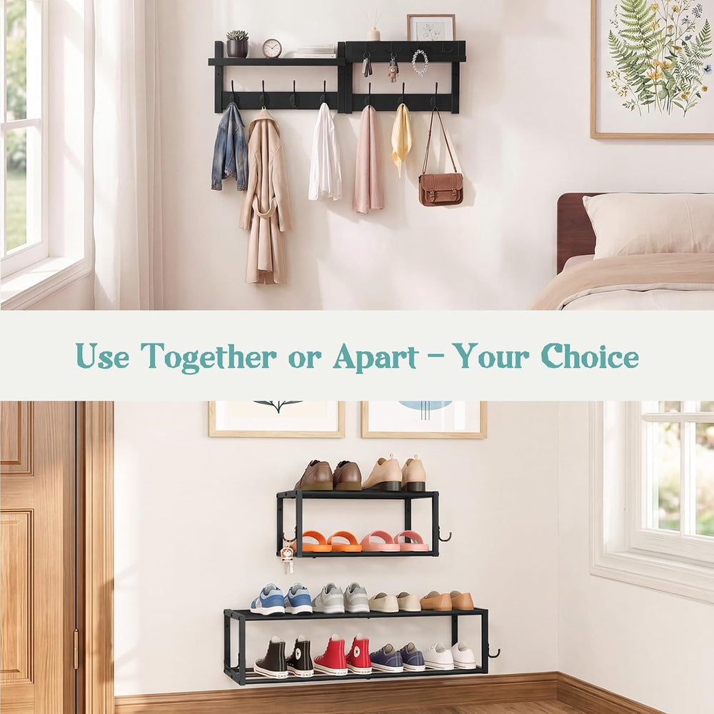 4 Pack Wall Coat Rack with Shoe Rack, 2-in-1 Coat and Shoe Rack Entryway
