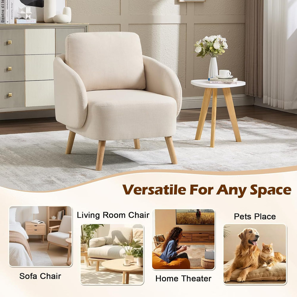 ANJ Premium Linen Accent Chair with Curved Arms, Mid-Century Modern Upholster...