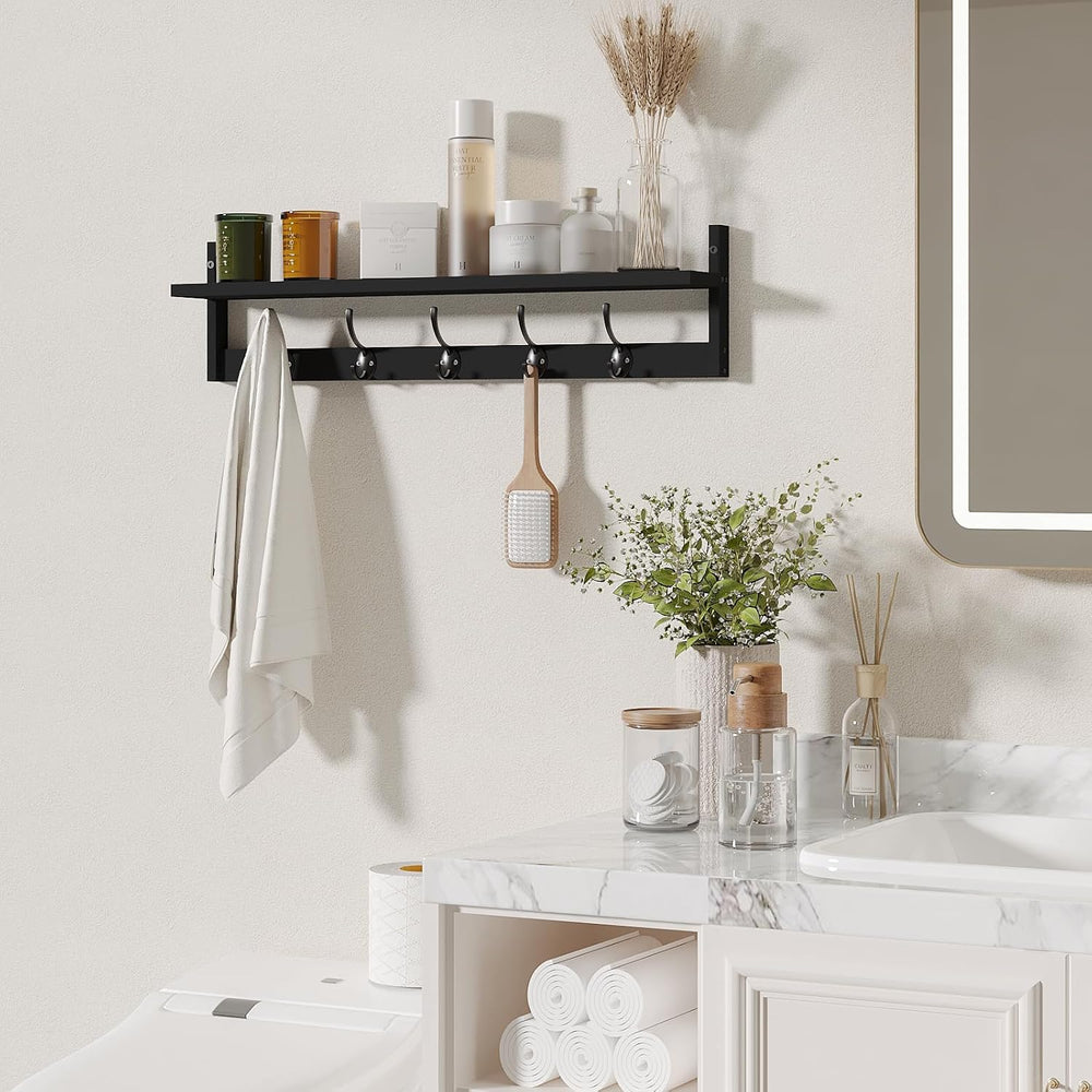 BAMEOS Wall-Mounted Shelf with Hooks - 28.9 Inch Entryway Hanging Shelf with ...