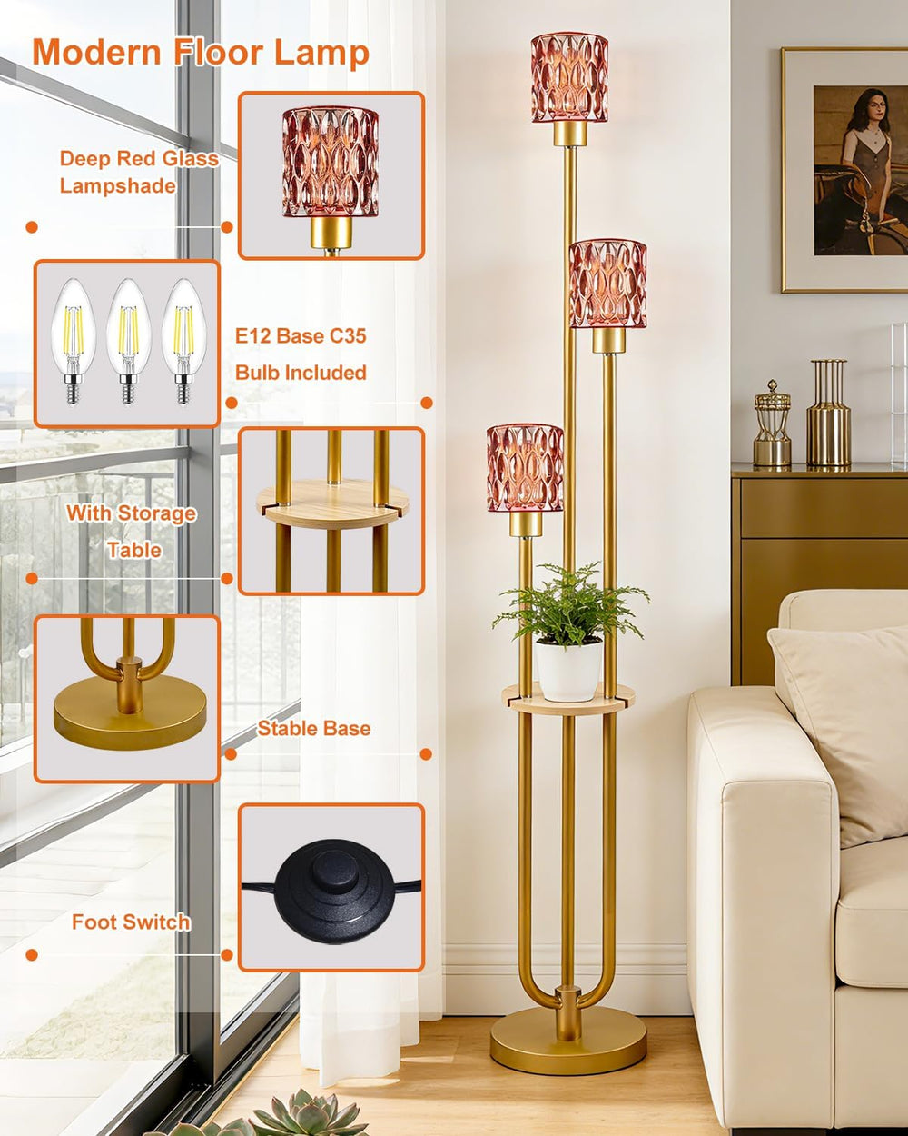 62IN Gold Floor Lamp with Deep Red Glass Shade 3-Lights Mid-Century Modern Fa...
