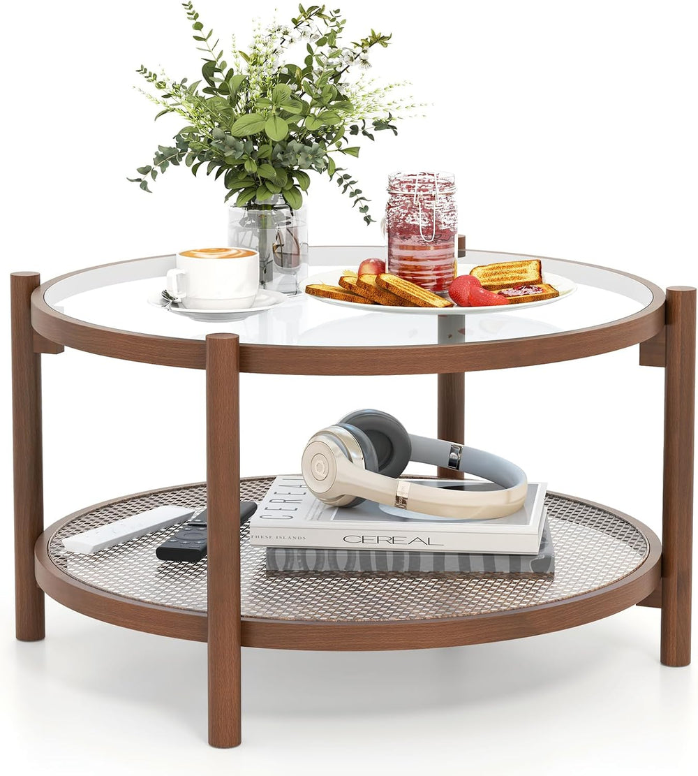 GIANTEX Rattan Coffee Table, Boho Round Glass Tea Table with PE Rattan Storag...