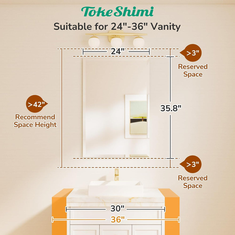 TokeShimi Bathroom Vanity Mirror Frameless with 1" Beveled Edge 24x36 in