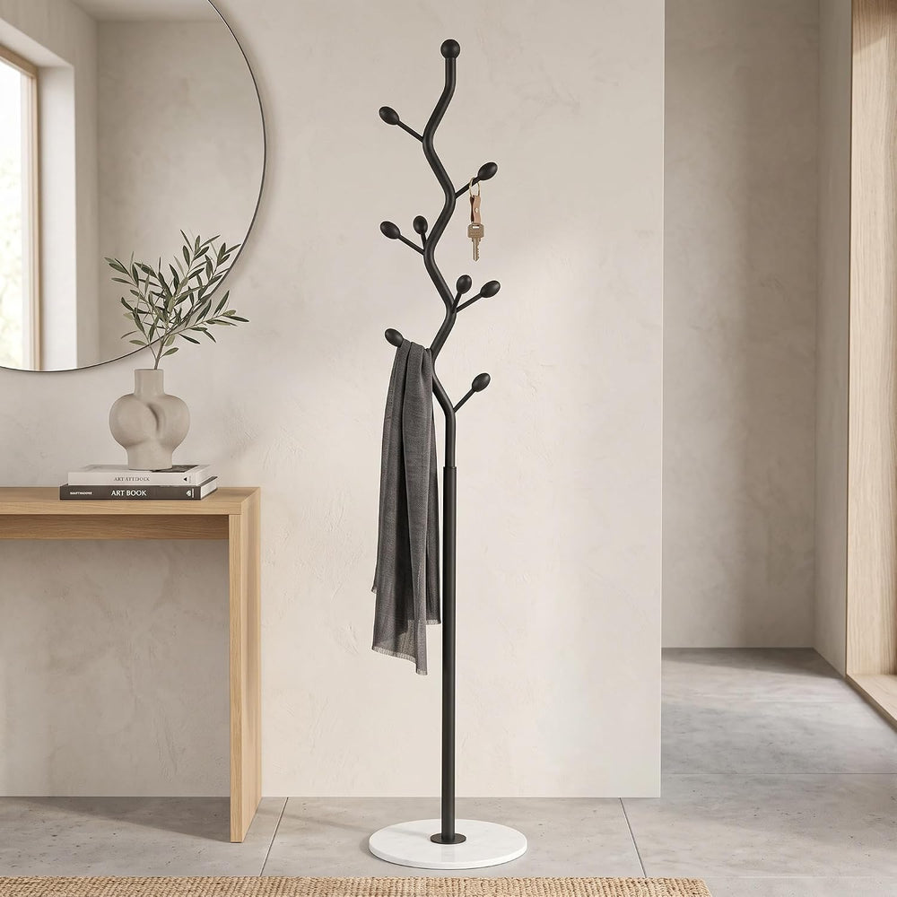 Black Freestanding Coat Rack & Tree Marble Base 9 Hooks