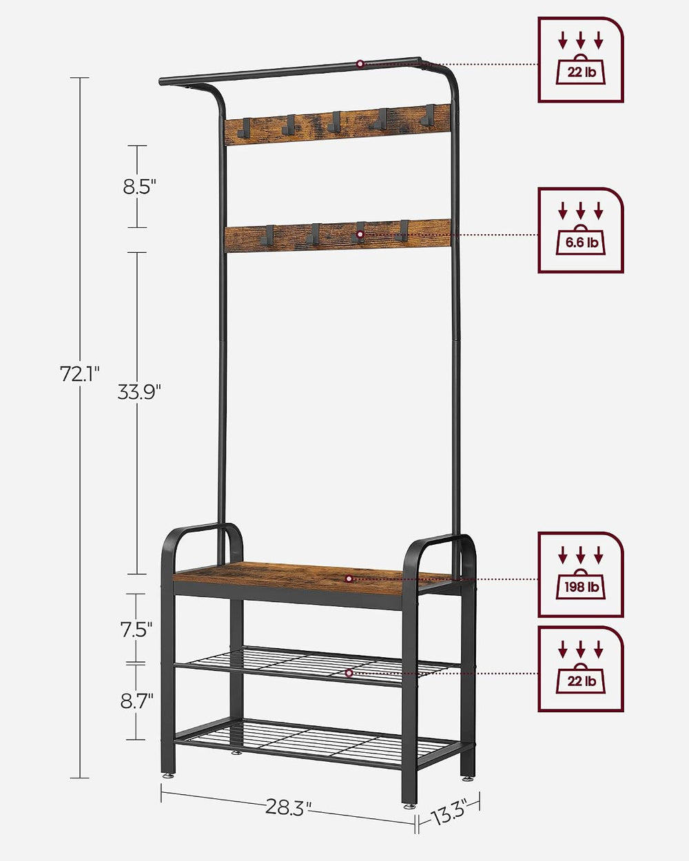VASAGLE Coat Rack, Hall Tree with Shoe Bench, 4-in-1, 9 Removable Hooks
