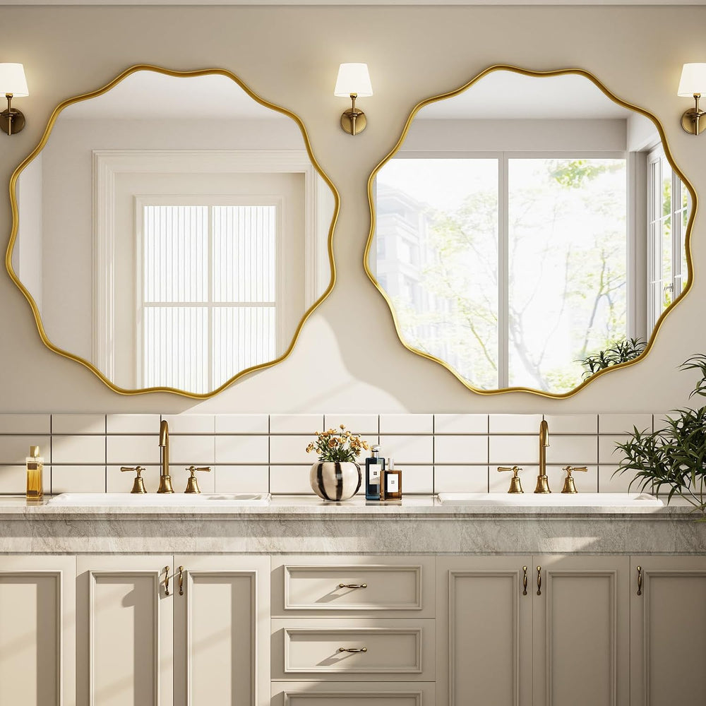 Gold Scalloped Circle Mirror, 30" Wavy Edge Round Wall Mirror
