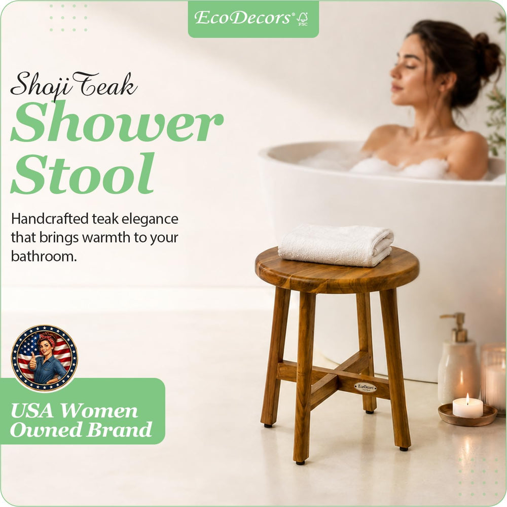 EcoDecors Shoji 18’’ Round Teak Shower Stool, Bath Seat 12’’