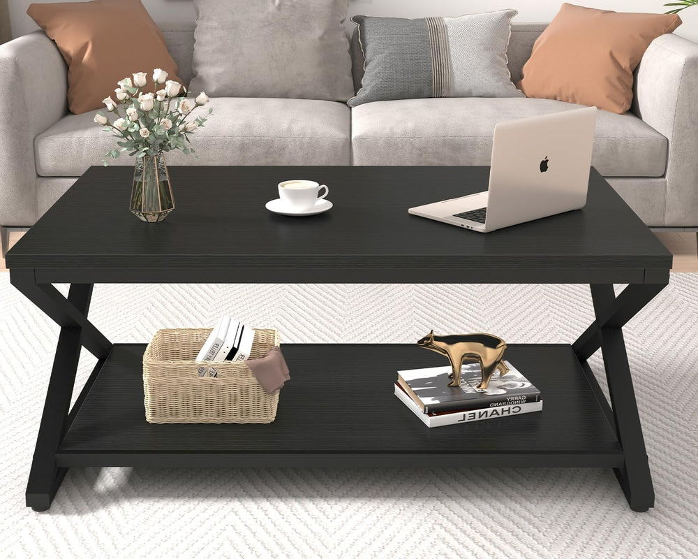 HSH 39" Rectangle Coffee Table with Storage for Living Room, Black Oak