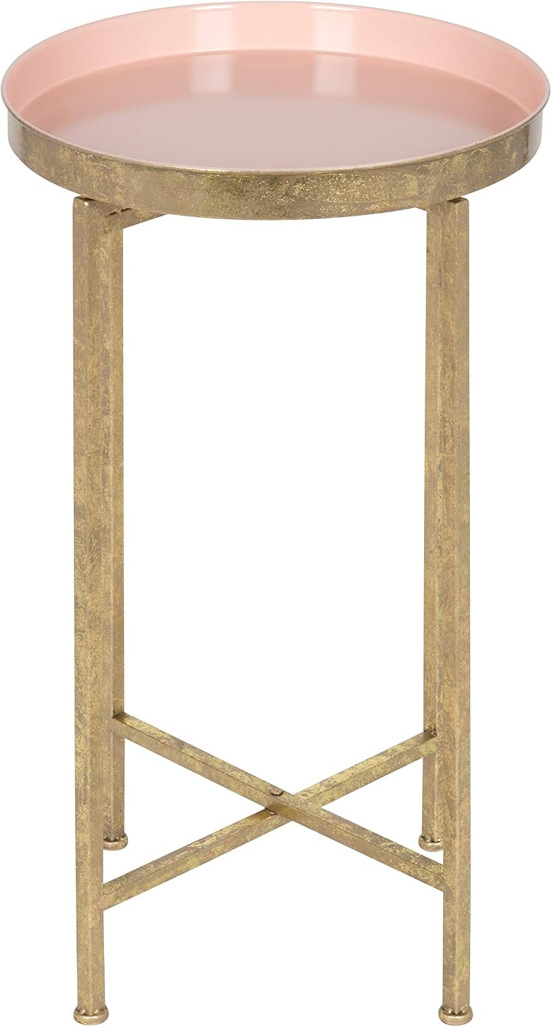Kate and Laurel Celia Round Metal Foldable Tray Accent Table, Pink with Gold ...