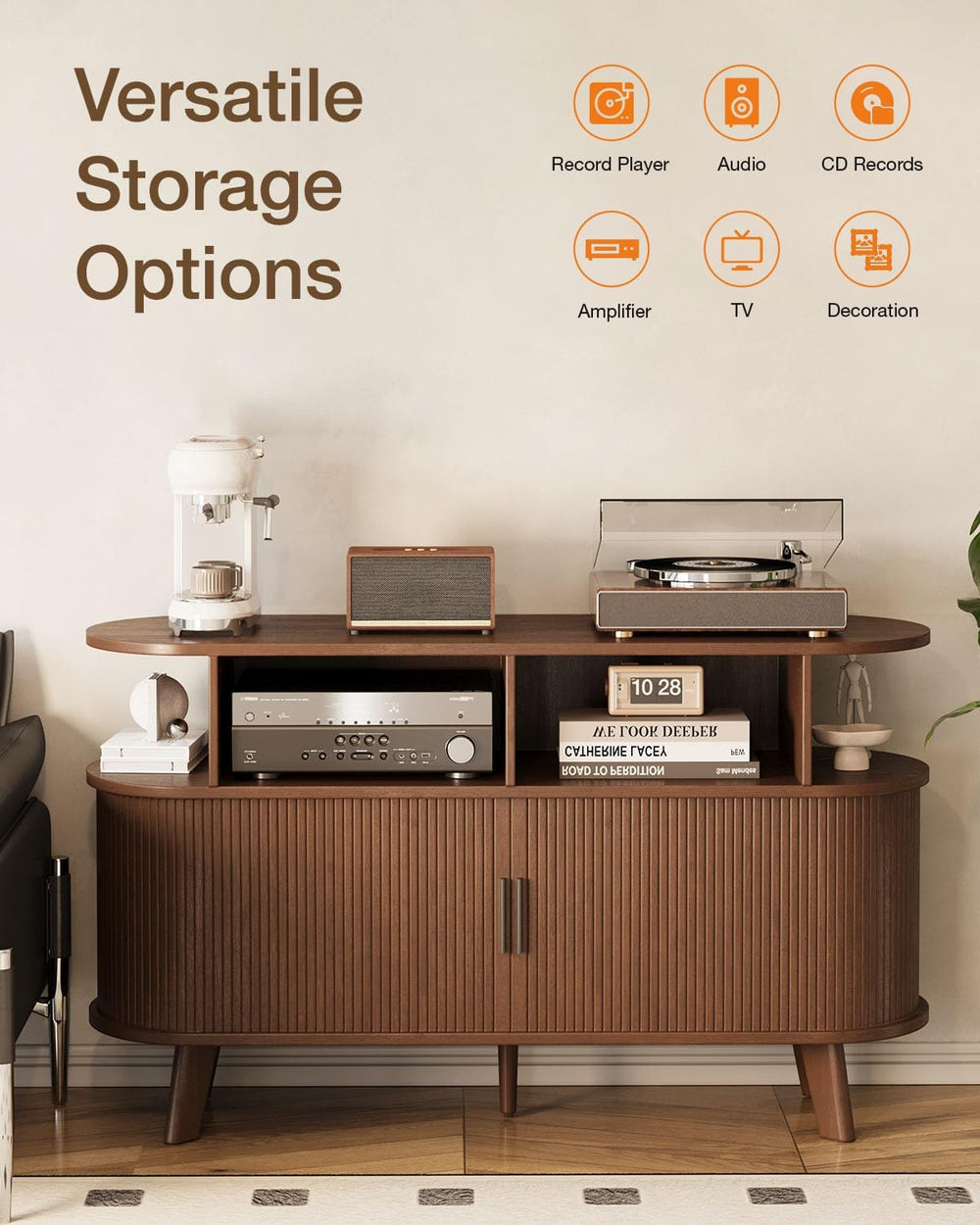 Large Record Player Stand with Sliding Doors, Fluted Media TV Stand