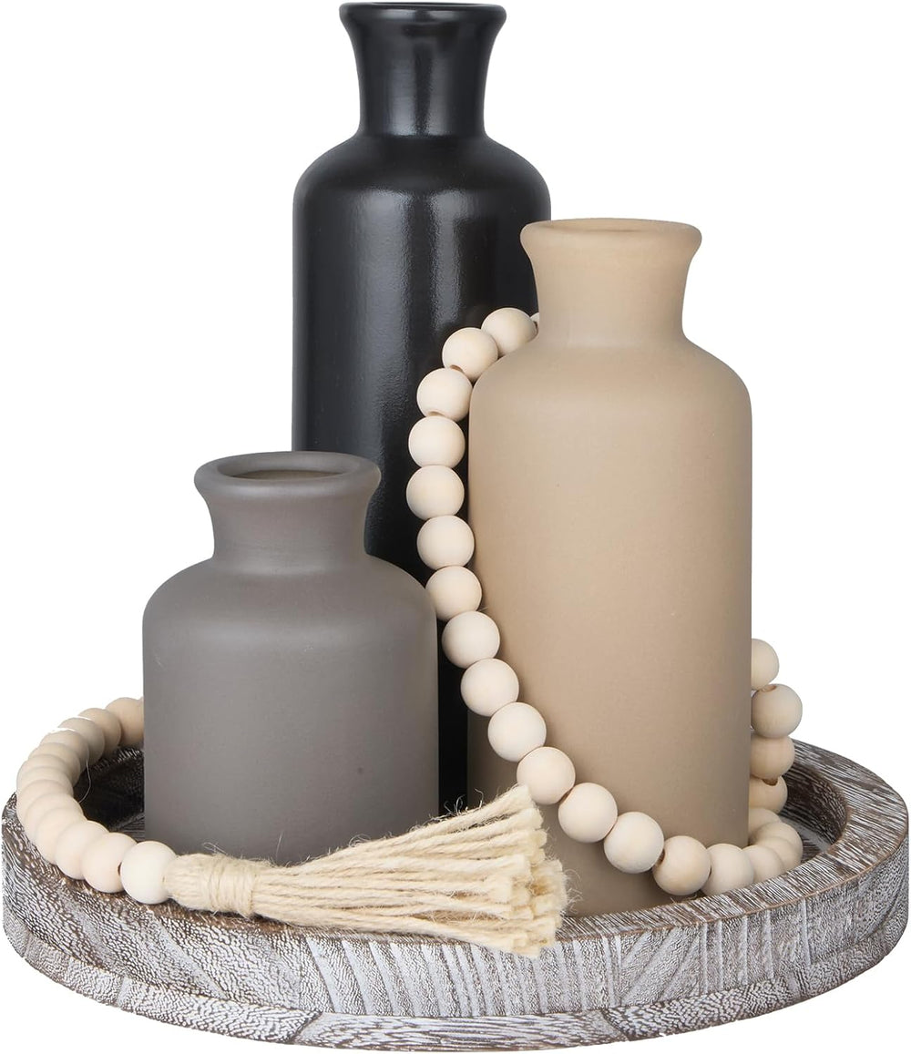 5 Pcs Farmhouse Table Decor, Dark Color, Whitewashed Grey Tray