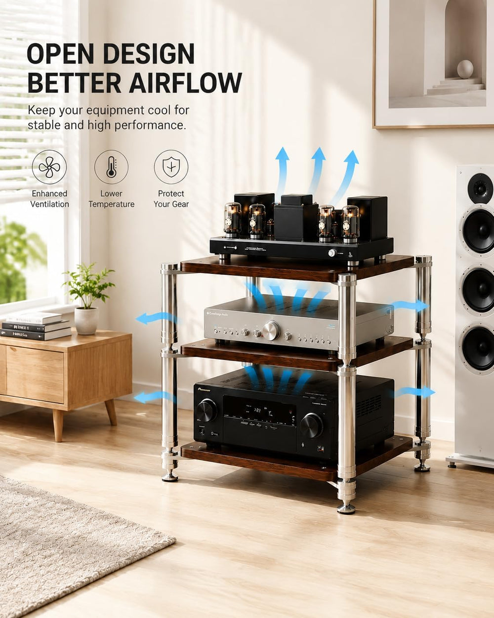 3-Tier HiFi Audio Rack, Audio Component Stand Black Walnut