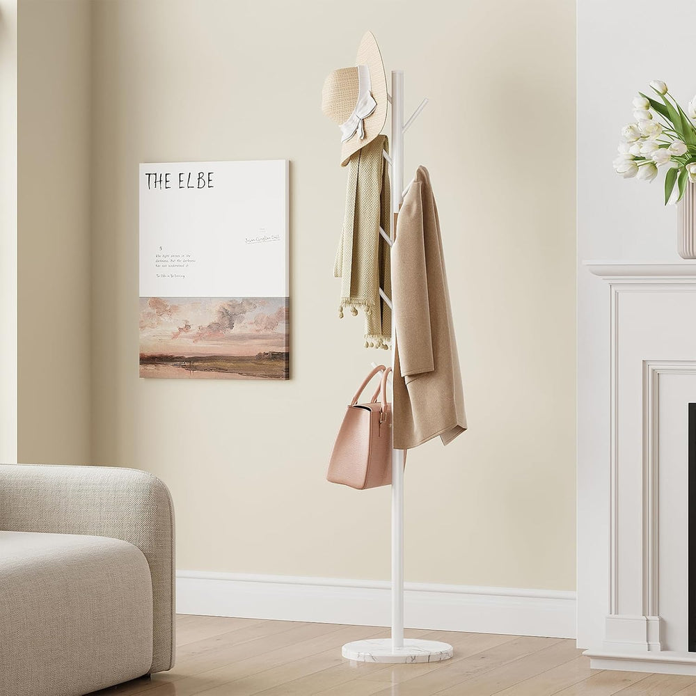 Coat Rack Freestanding, Metal Coat Rack with Natural Marble Base, White