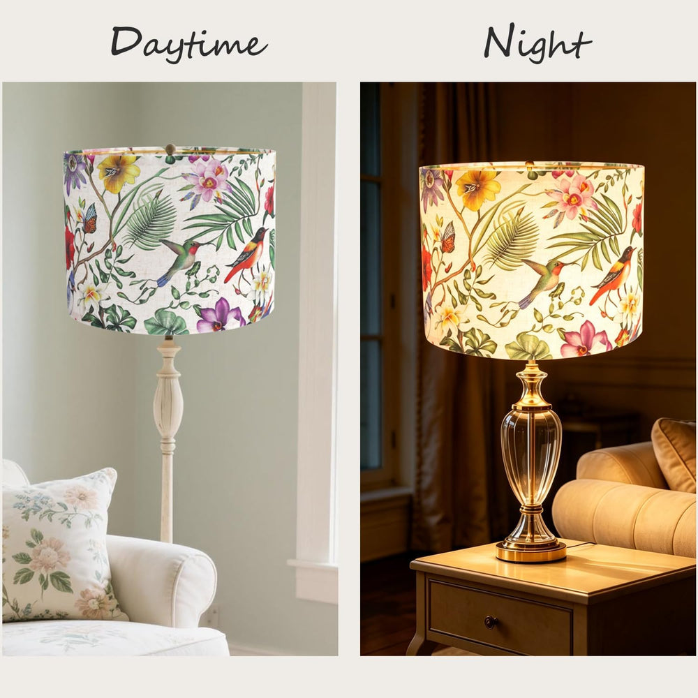 Drum Lampshades, Print Floral Linen Lamp Shade with Golden Frame