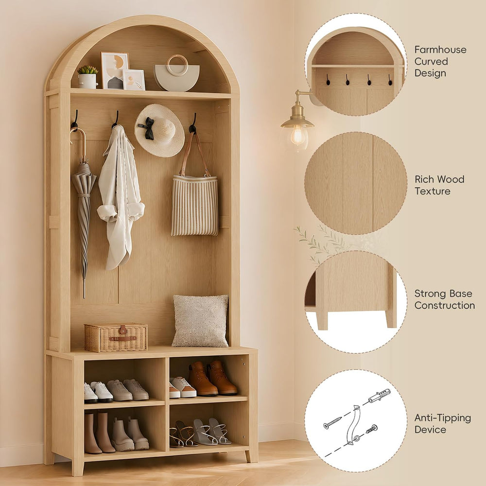 Arched Hall Tree with Bench and Shoe Storage (Oak, 32" W)