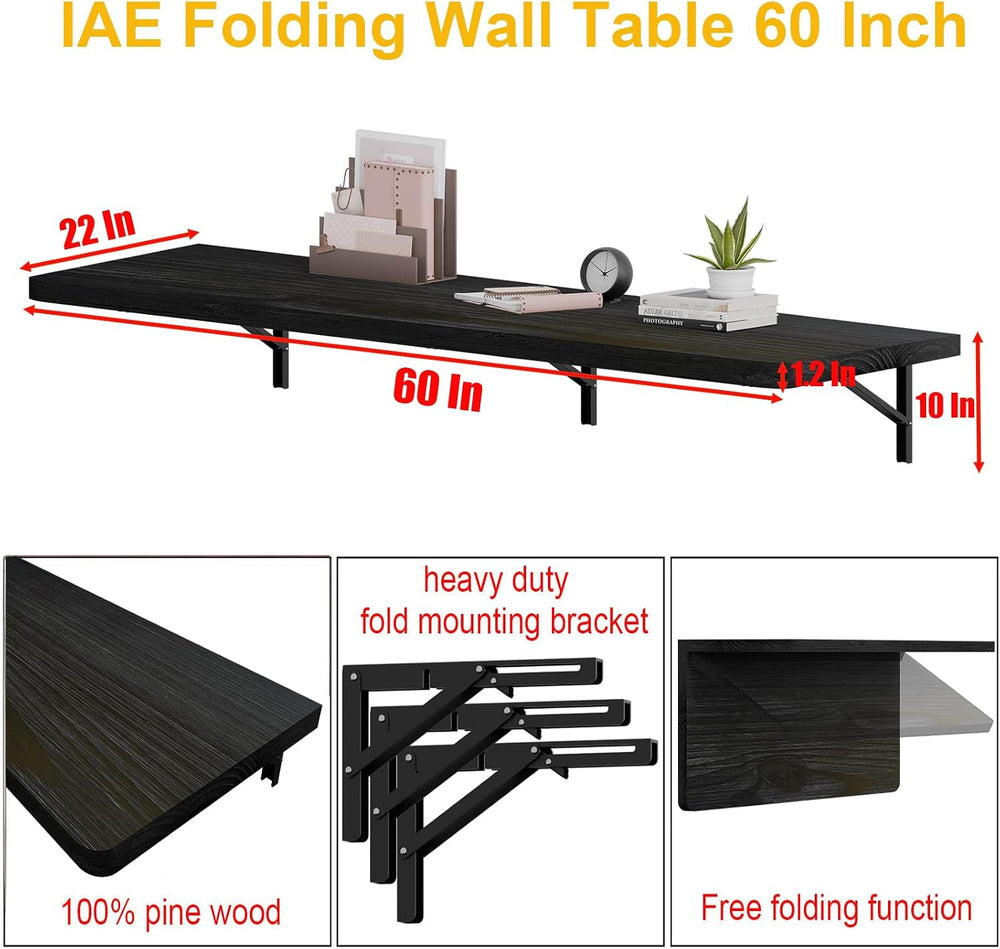 IAE Floating Wall Mounted Folding Table Desk with Pine Wood,60x22in, Black