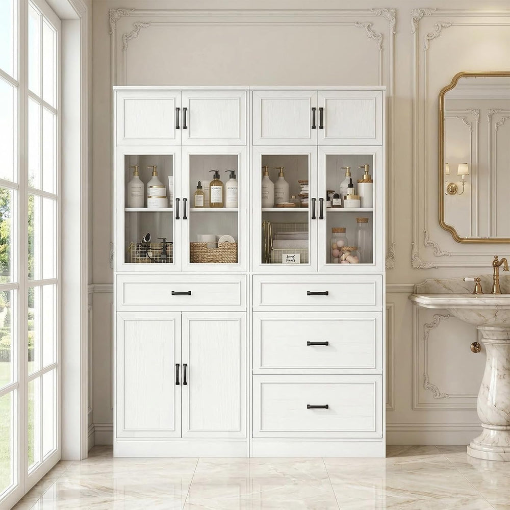 Unikito 80" Kitchen Pantry Storage Cabinet with Glass Door and 4 Drawers
