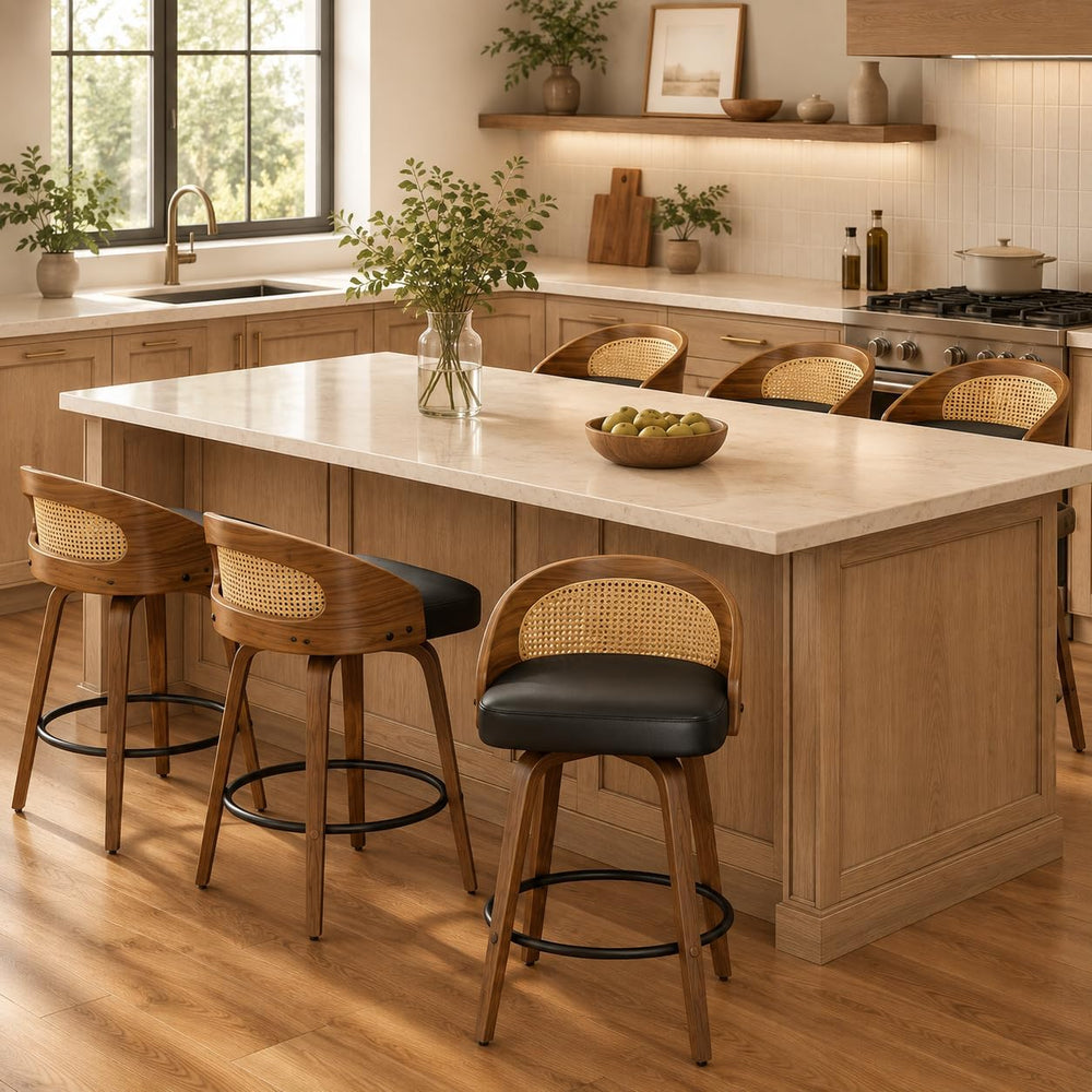 REONEY Swivel Bar Stools Set of 4, 26" Counter Height, Rattan Black