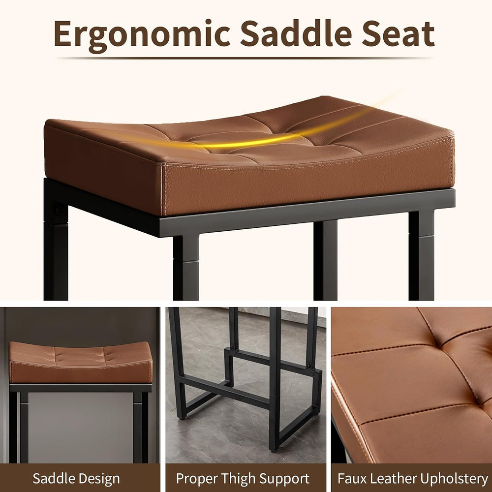 FIRAVOE 28" Bar Stools Set of 3, PU Leather Backless Saddle Bar Stools