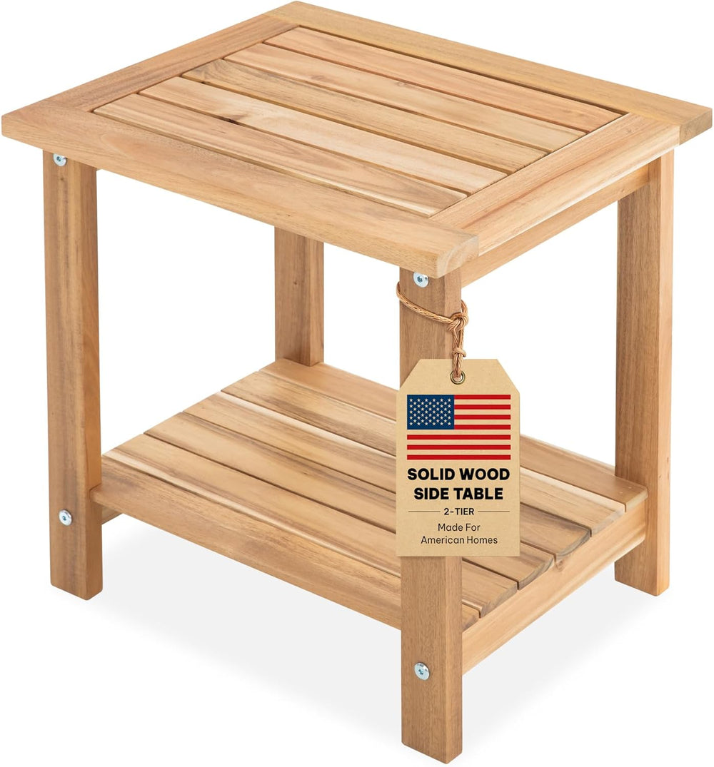 Acacia Wood Adirondack Side Table, 2-Tier Outdoor End Table - White Oak