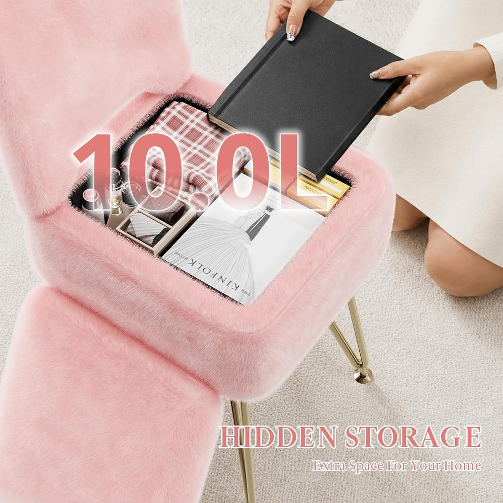Pink Faux Fur Vanity Chair with Storage and Foldable Backrest