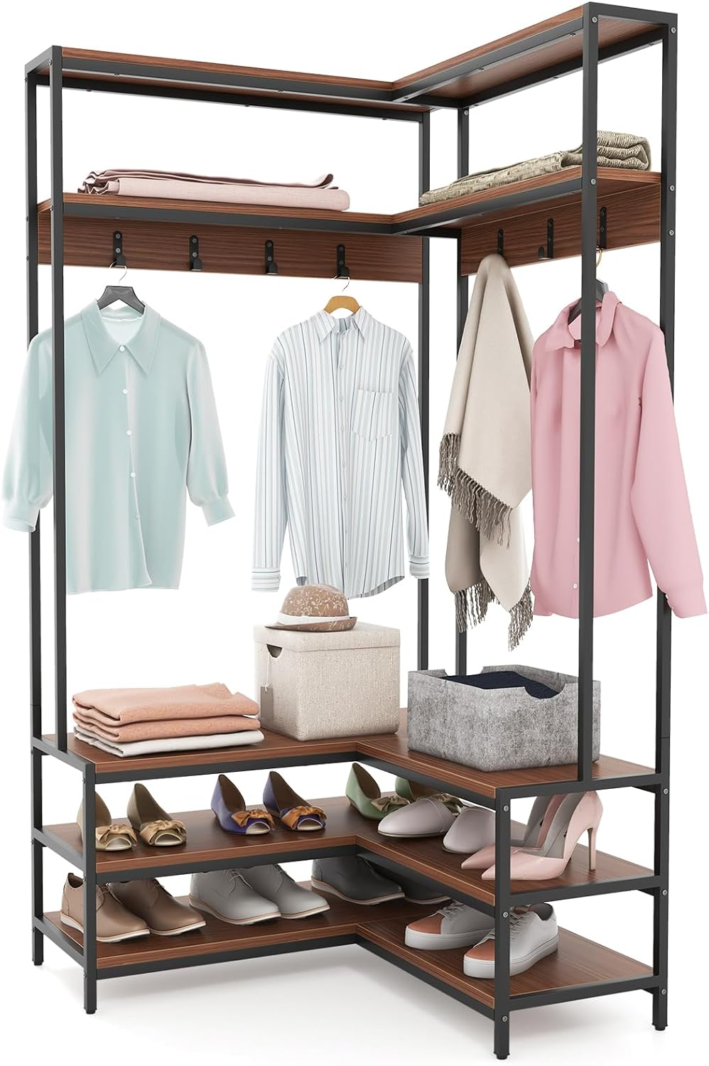 GIANTEX Corner Coat Rack, L-Shaped Hall Tree with Bench and Shoe Storage