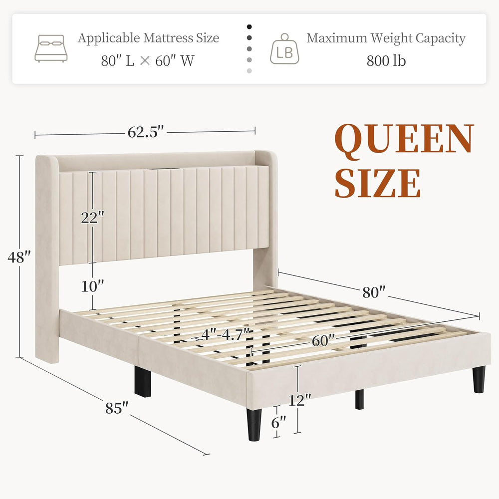 Yaheetech Queen Bed Frame with Channel-Tufted Storage Headboard, Beige